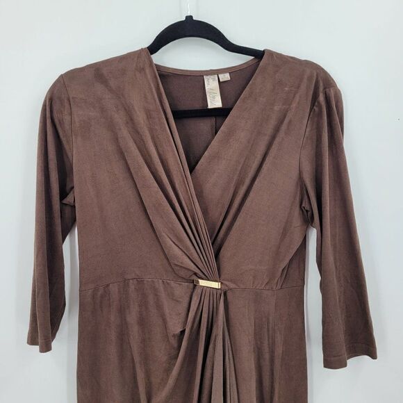 Vintage Faux Suede Mock Wrap 3/4 Sleeve Dress S Brown Stretch Native Peasant - Picture 5 of 8